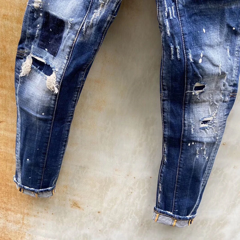 Chareiharper t121 raggy paint-spruced Stretch jeans for men Skinny blue panhandle pants 5