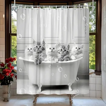 Tenda da doccia per gatti divertenti Gattino carino retrò nella vasca da bagno Tenda da doccia a bolle Accessori da bagno in tessuto 180x180 cm 1