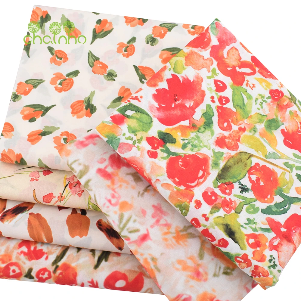 Chainho,Printed Plain Weave Poplin Cotton Fabric,DIY Quilting Sewing Material,Patchwork Cloth,Floral Series,3 Sizes,15PC152