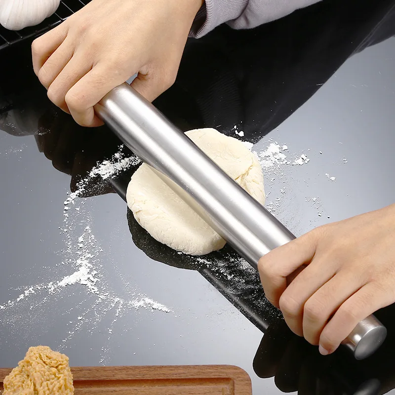 

304 Stainless Steel Dough Rolling Pin Kitchen Pizza Biscuit Pies Pastry Baking Roller Non-stick Flour Ravioli Dumpling Maker