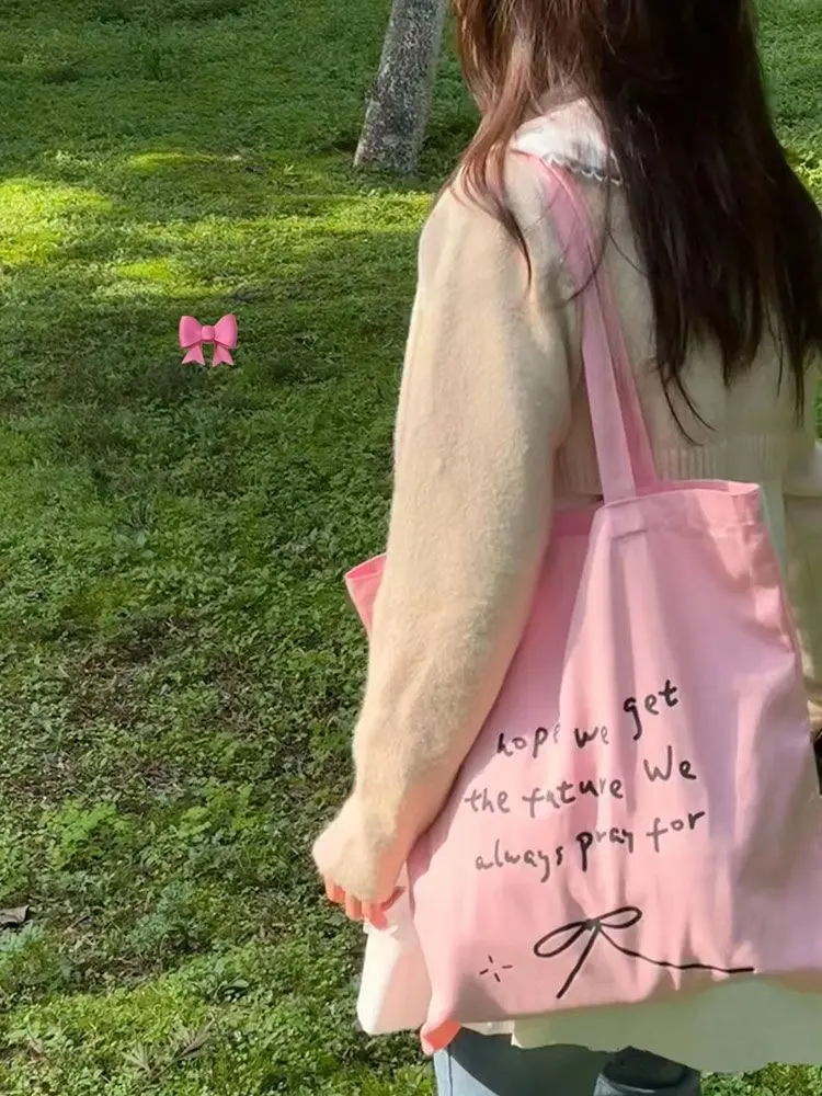 2024 Summer Letters Print Bow Large Capacity Handbag Tote Bags Women Commute Shoulder Bag