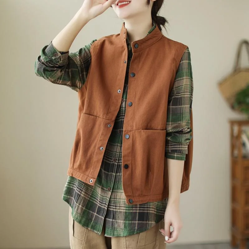 2023 Spring  Autumn New Vintage Art Vest Coat Loose Standing Collar Single Breasted Top Autumn Cardigan
