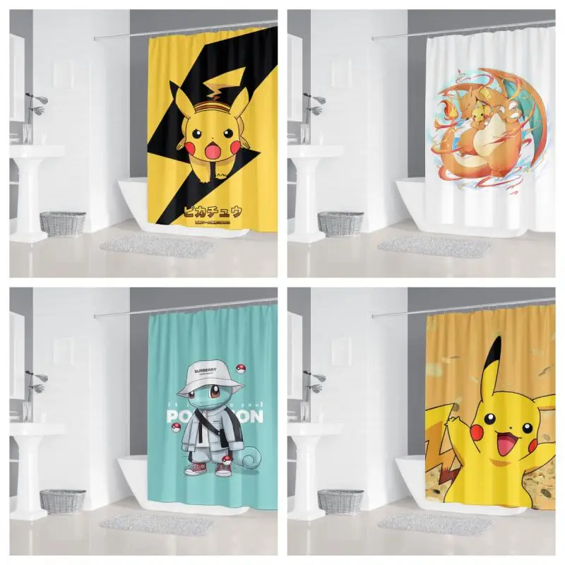

Pokemon Shower Curtain Set Pikachu Anime Printing Water Proof Shower Curtain Four Piece Set Home Carpet Toilet Lid U-Shaped Pad
