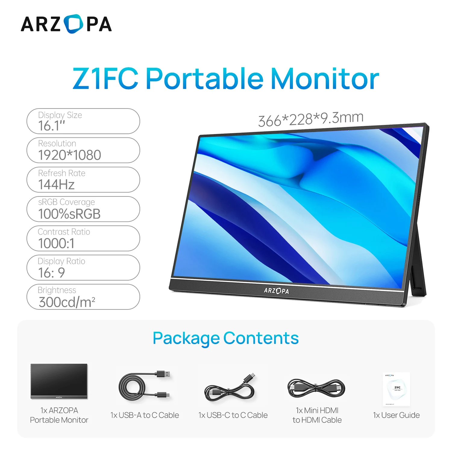 ARZOPA 16.1 インチ 144hz 100% sRGB 1080P FHD IPS ポータブル