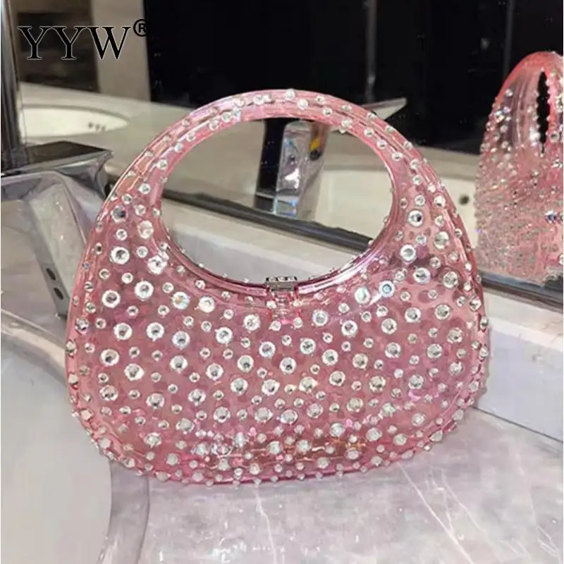 Shiny Diamond Transparent Acrylic Half Moon Purse 2023 Designer Luxury Evening Handbag Ladies Wedding Party Diamond Clutch Bag