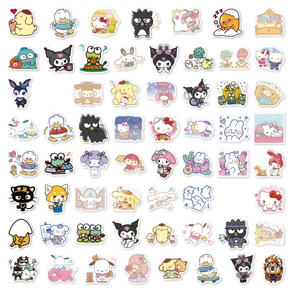 Autocollants mignons Hello Kitty Sanurgente Kuromi Pachacco Cinnamoroll, mélange drôle, décalcomanie, jouet pour enfant, mur, téléphone, réfrigérateur, voiture, bricolage, 10 pièces, 30 pièces, 50 pièces, 100 pièces