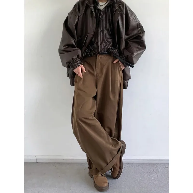 빈티지 브라운 배기 카고 팬츠 남성용 코레안 하라주쿠 슈트 팬츠 오피스 캐주얼 바지 남성 와이드 레그 작업복 신상