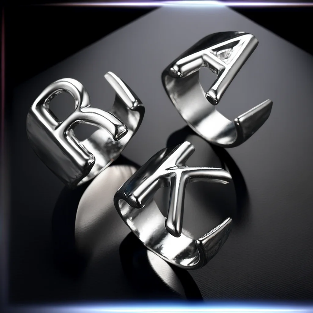 Silver Ring Stainless Steel Ring Adjustable Rings Hollow A-Z Initials Letter Name Ring Stainless Steel Adjustable Open Alphabet Ring For Women Men Party Jewelry Gift