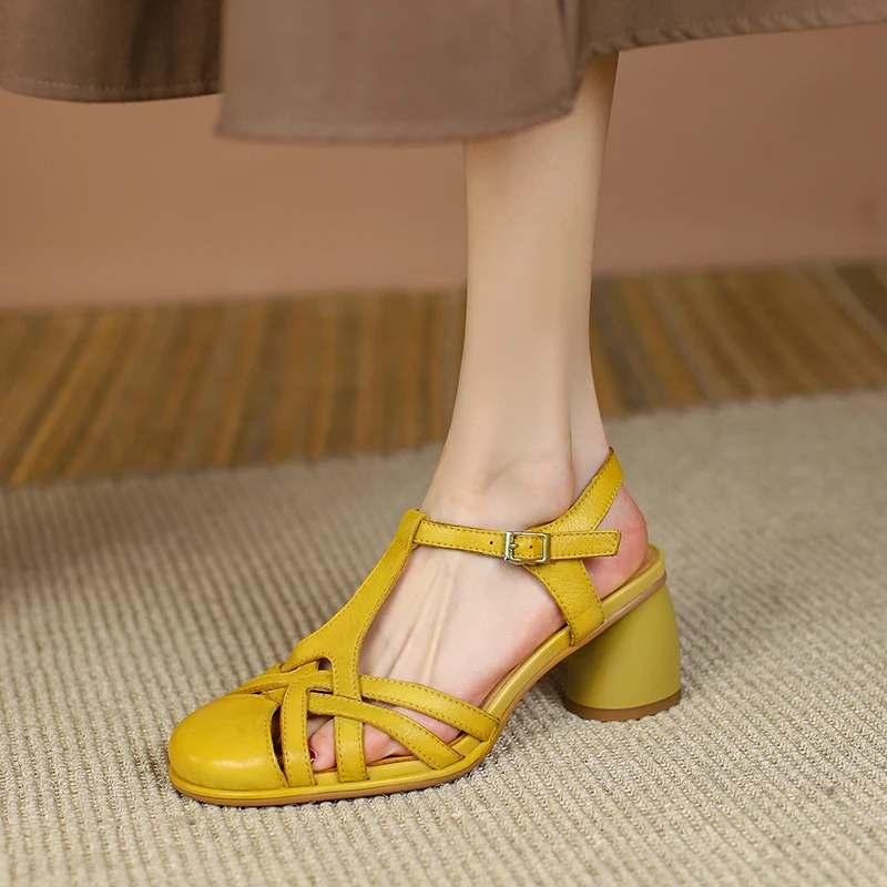 

Womens' Sandals Cowhide Lady Shoes For Female Retro Gladiator Buckle Strap Brown Beige Simple Shoes Summer Sandal Roman Style