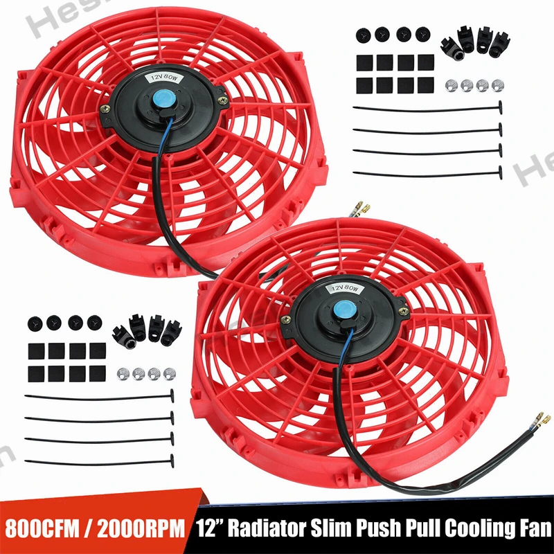 2 Pieces 2x12" Inch Universal Slim Fan Push Pull Electric Radiator Cooling Fans 12V 80W Mount Kit 2000 RPM Red High Performance