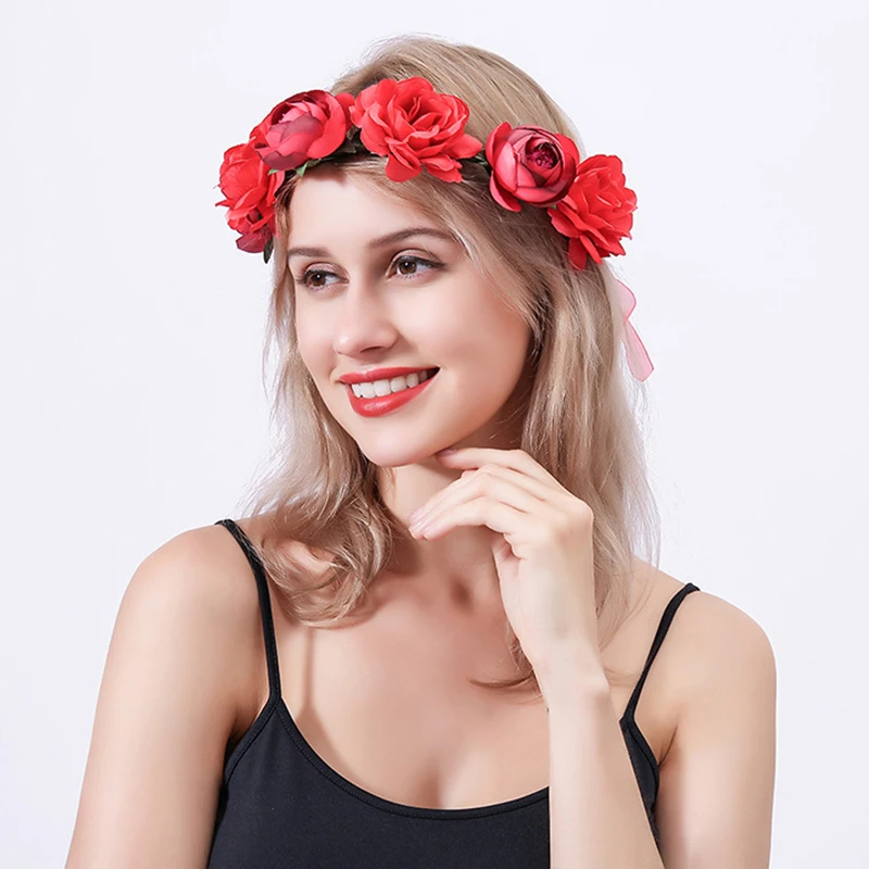 Hair Accessory Artificial Flower Wreath with Ribbon Hairband Handmade Wedding Headbands Flowers Garland Wreath for Women