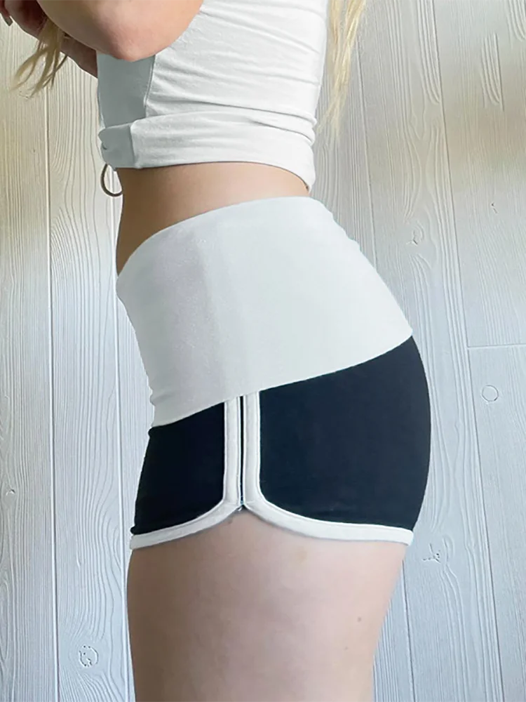 Absobe Contrast Patchwork Fold Over Slim Shorts Women Mid Rise Versatile Slim Sports Casual Short Pants Hottie Y2K Streetwear
