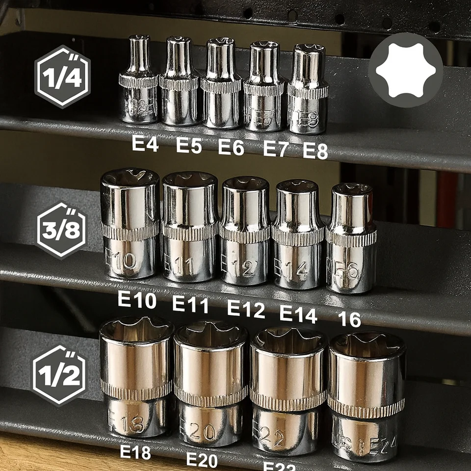 HARFINGTON 5-Piece E-Torx Socket Set 1/4 Drive E4-E8 - CR-V Steel Auto Repair Tools
