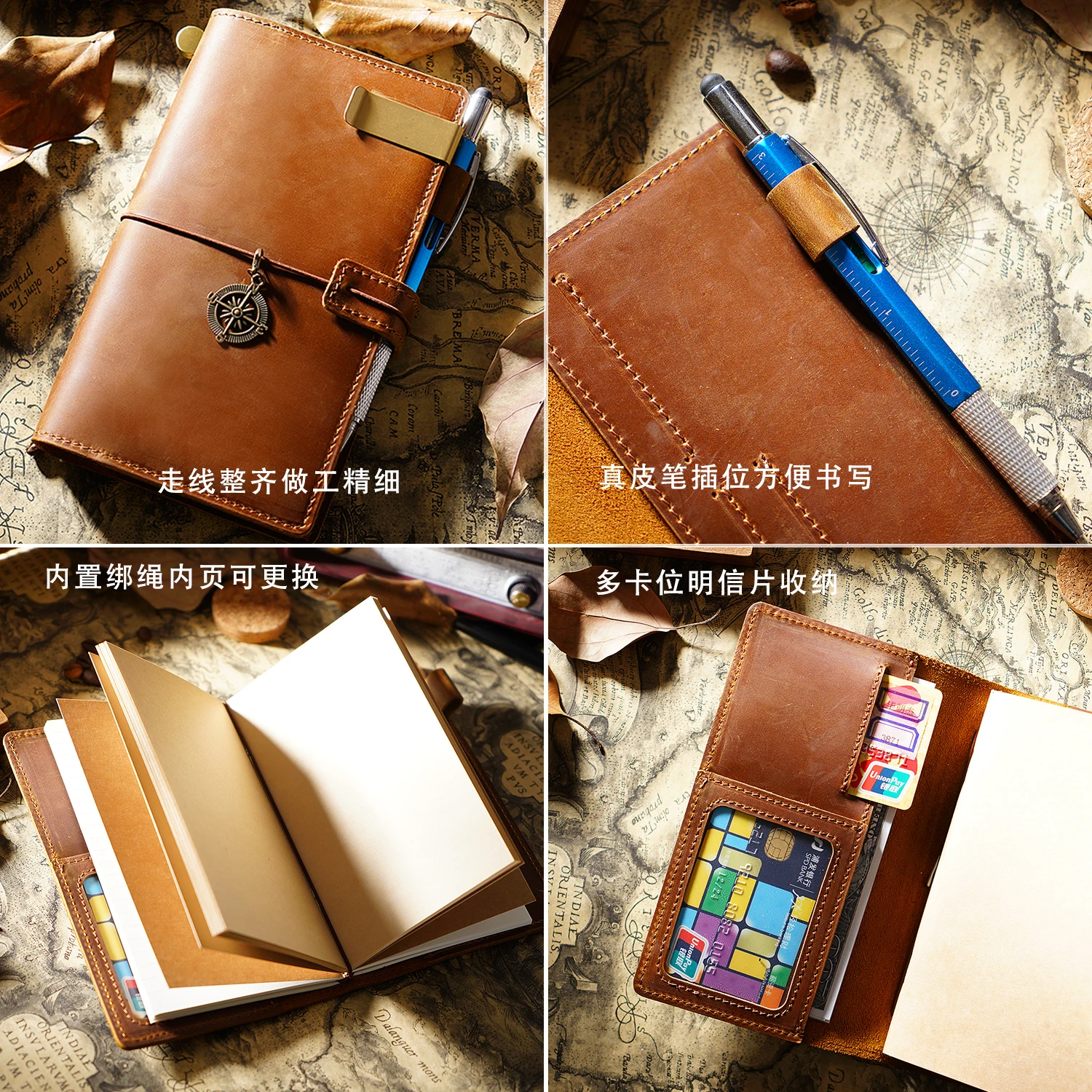 Vintage Leather Travel Journal - Handmade Refillable Portable Diary, Retro Brown