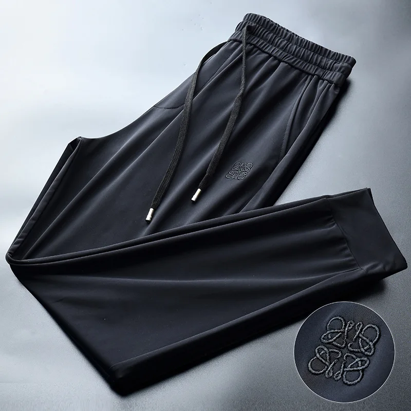 Men's Summer Slim Fit Ice Silk Casual Sports Pants 9-Minute Trousers Trendy Brand Sweatpants