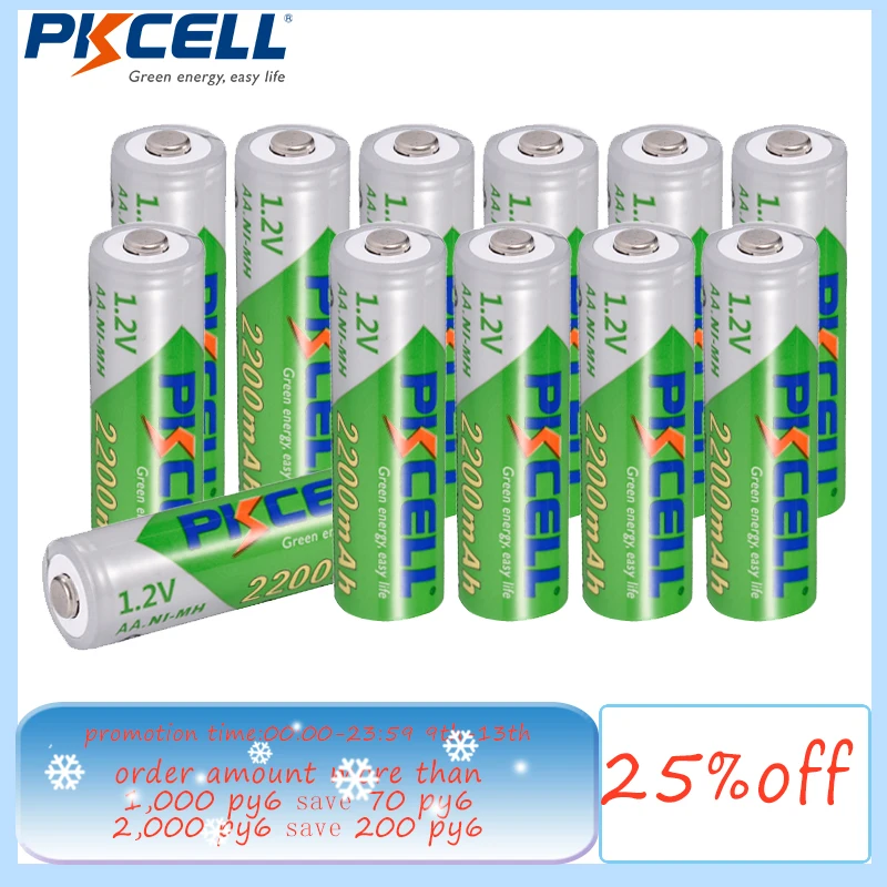 

12 NiMH аккумуляторных батарей PKCELL AA, 1,2 в, 2200 мАч, 2 А