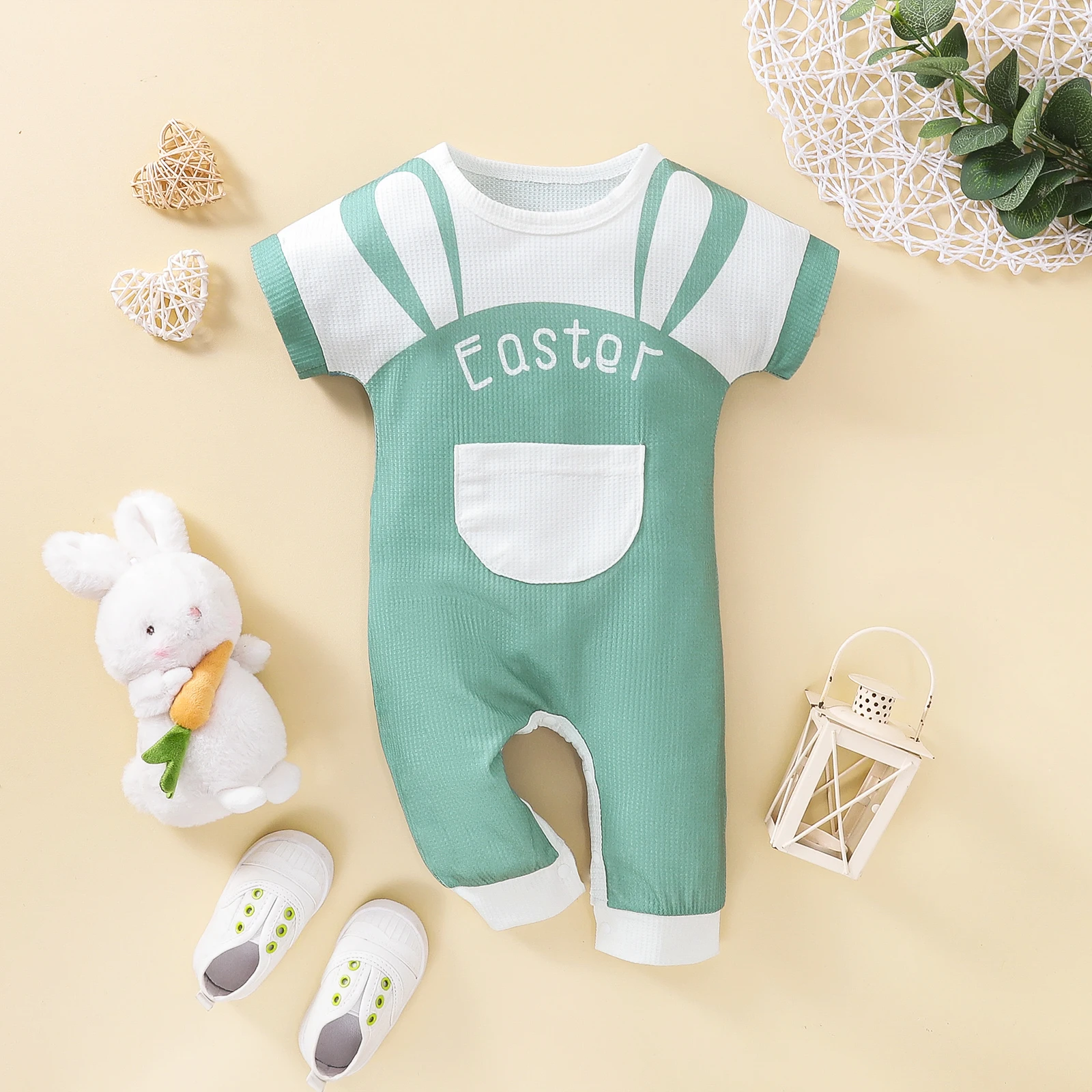 Newborn Infant Baby Girls Boys Easter Romper Letter Printed Cotton Short  Sleeve Jumpsuit Baby Clothes