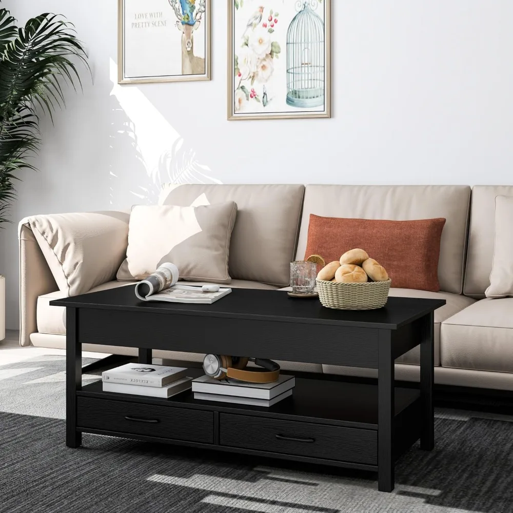 Coffee Table,Lift Top Coffee Table with Hidden Compartment,2 Drawers and 1 Open Shelf, Retro Central Wooden Table Lift Tabletop 6