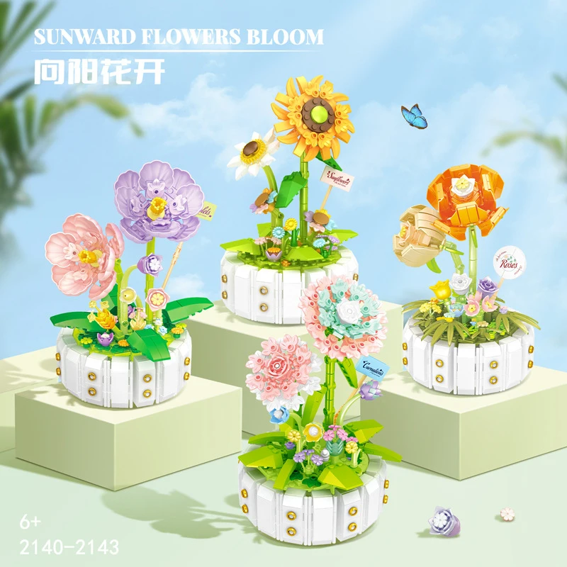 

Creative Flower Bonsai Violet Sunflower Rose Desktop Decorative Decorations Micro Building Blocks Bricks Toys Gifts