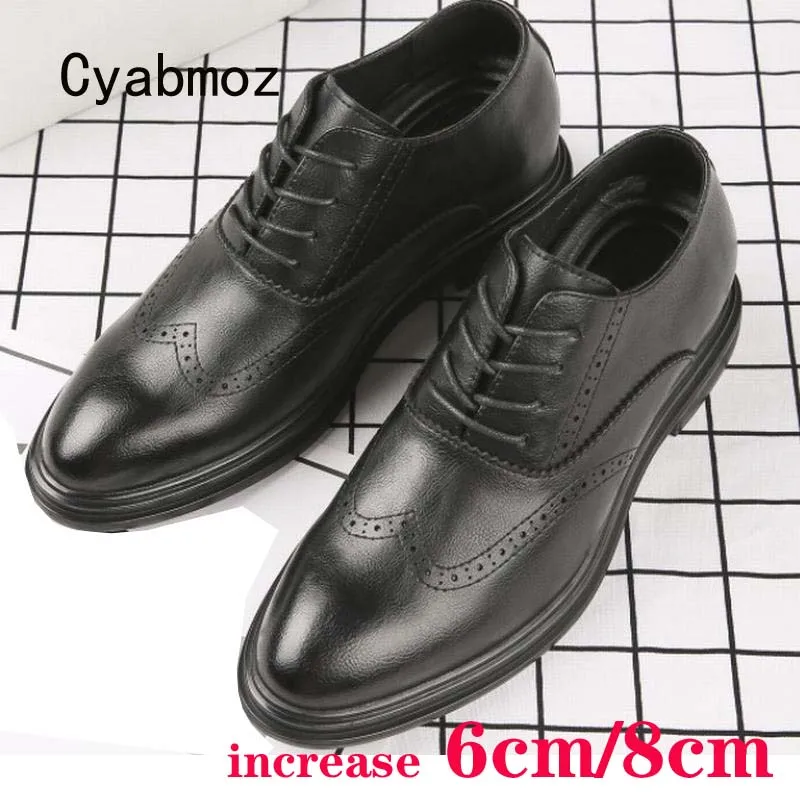 

Cyabmoz Men Height Increasing Shoes carved 6cm 8cm Genuine leather Invisibly Hidden Heels Elevator Wedding Man Business Shoes