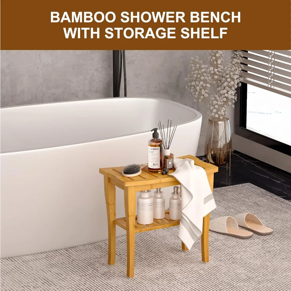 Bamboo Shower Bench 2-Tier Spa Stool for Inside Shower with Storage Shelf and Non-Slip Feet Chair Seat Organizer