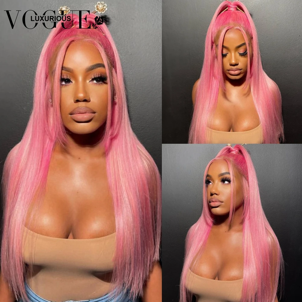 

13x4 HD Transparent Lace Frontal Pink Colored Wigs Brazilian Virgin Human Hair Silky Straight Wig Preplucked Baby Hairline