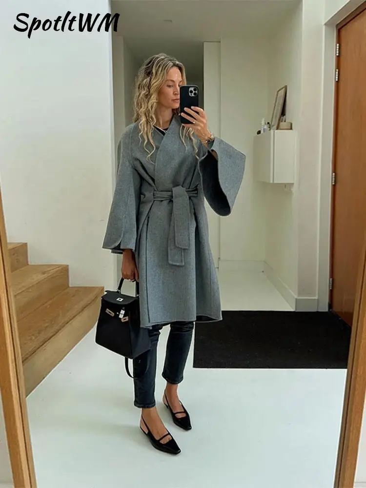 

Women's Solid Wool Belt Overcoat Elegant V-neck Long Sleeve Thick Coat Autumn Winter Female Fashion Street Loose Chic Outerwear