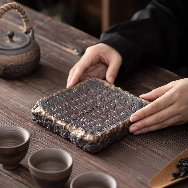 Heart Sutra Pot Tray Japanese Gilding Iron Glaze Small Size Stoneware Water Storage Tea Table Mat wooden serving tray tea tray tea set
