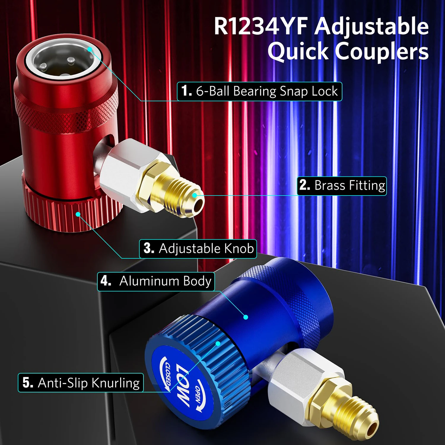 High/Low Side Adjustable Quick Couplers for Car AC System Recharging and Evacuation