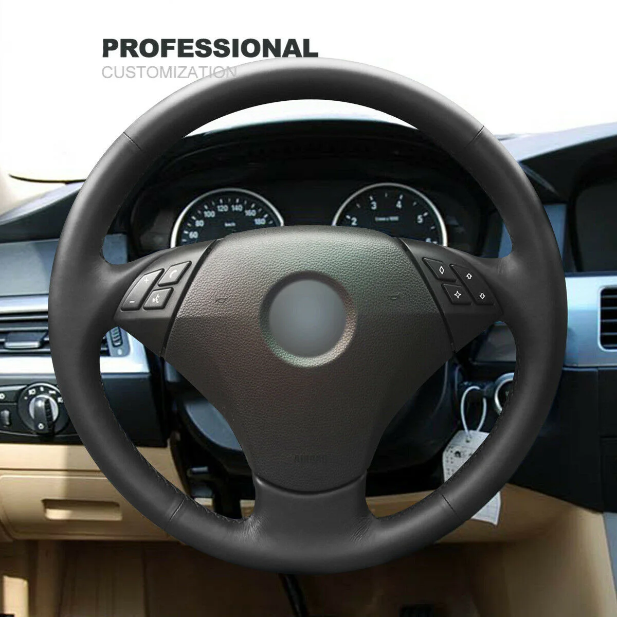 

Hand Sew Non-slip Black Leather Suede Car Steering Wheel Cover For BMW 5 Series E60 E61 2004-2010 Interior Accessories