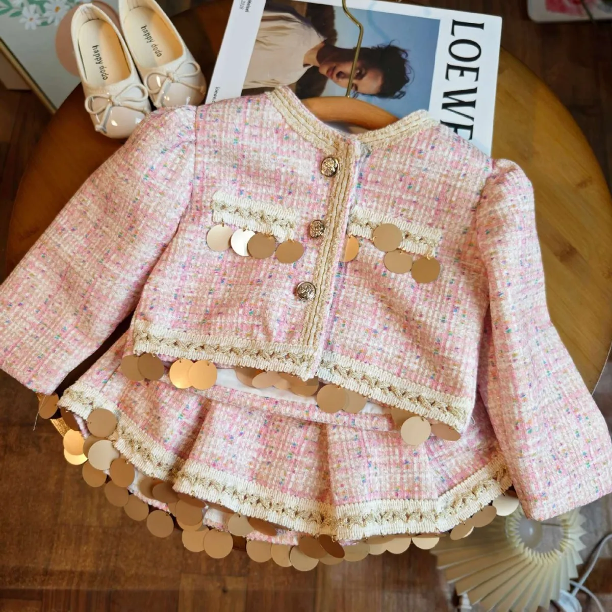 

New Girls' Autumn Winter Small Fragrant Sparkling Tops And Fluffy Skirts Two Piece Set Cute