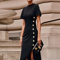 Modigirl Wedding Black Dresses for Women Gold Button Clothes Asymmetrical 2025 Summer Woman Short Sleeves Party Maxi Dresses - Image 2