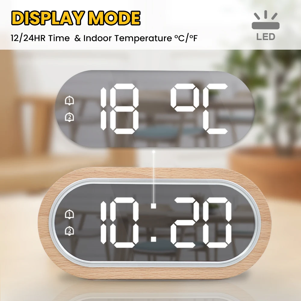 Digital Clock LCD Digital Clock Digital Desk Clock Digital Table Clock Digital Clock Alarm Snooze Table Thermometer Electronic USB charger LED Mirror Wooden Watch Living room Desk Clocks AAA Powered