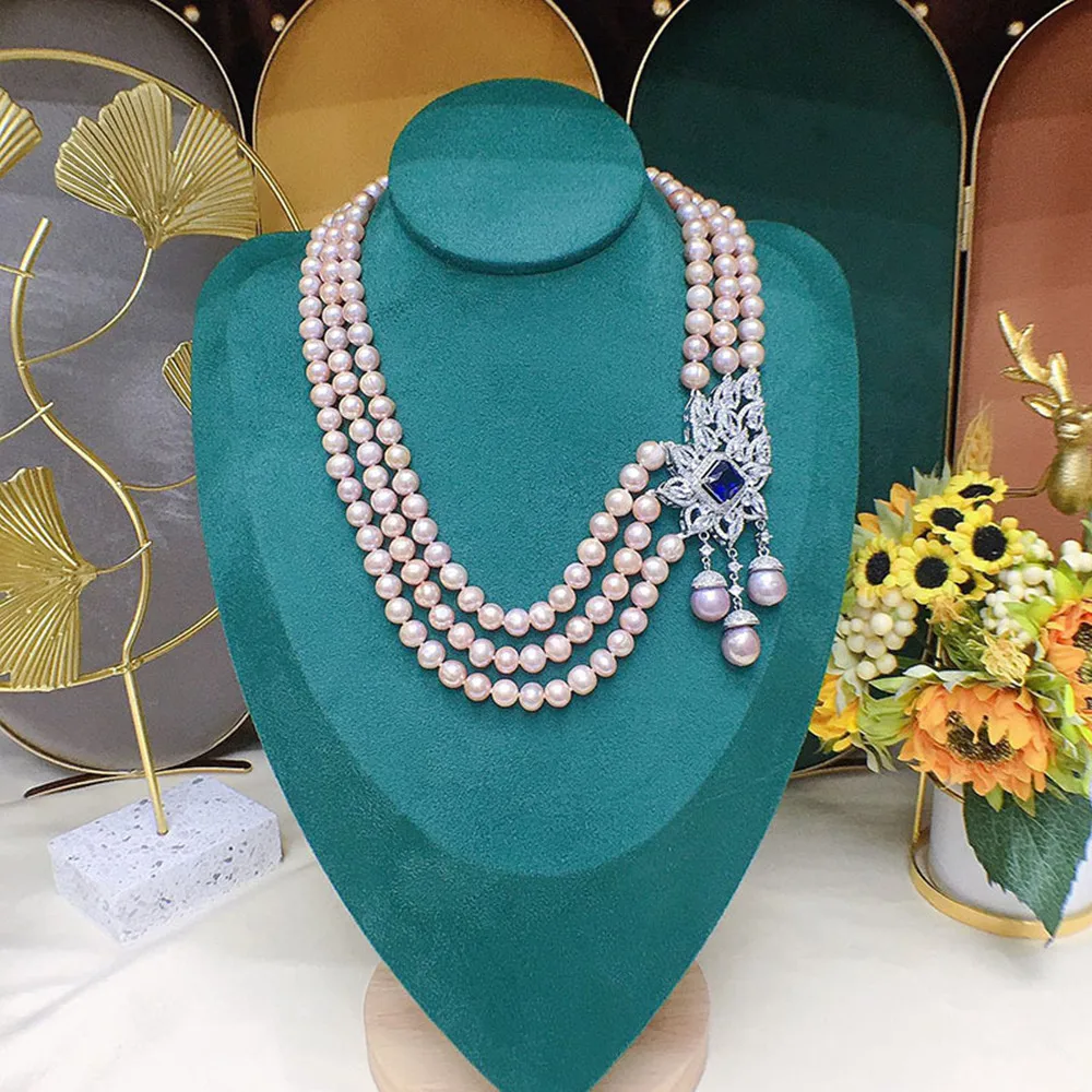 

Hand knotted natural 7-8mm pink nearl round fresh water pearl temperament micro inlay zircon necklace fashion jewelry