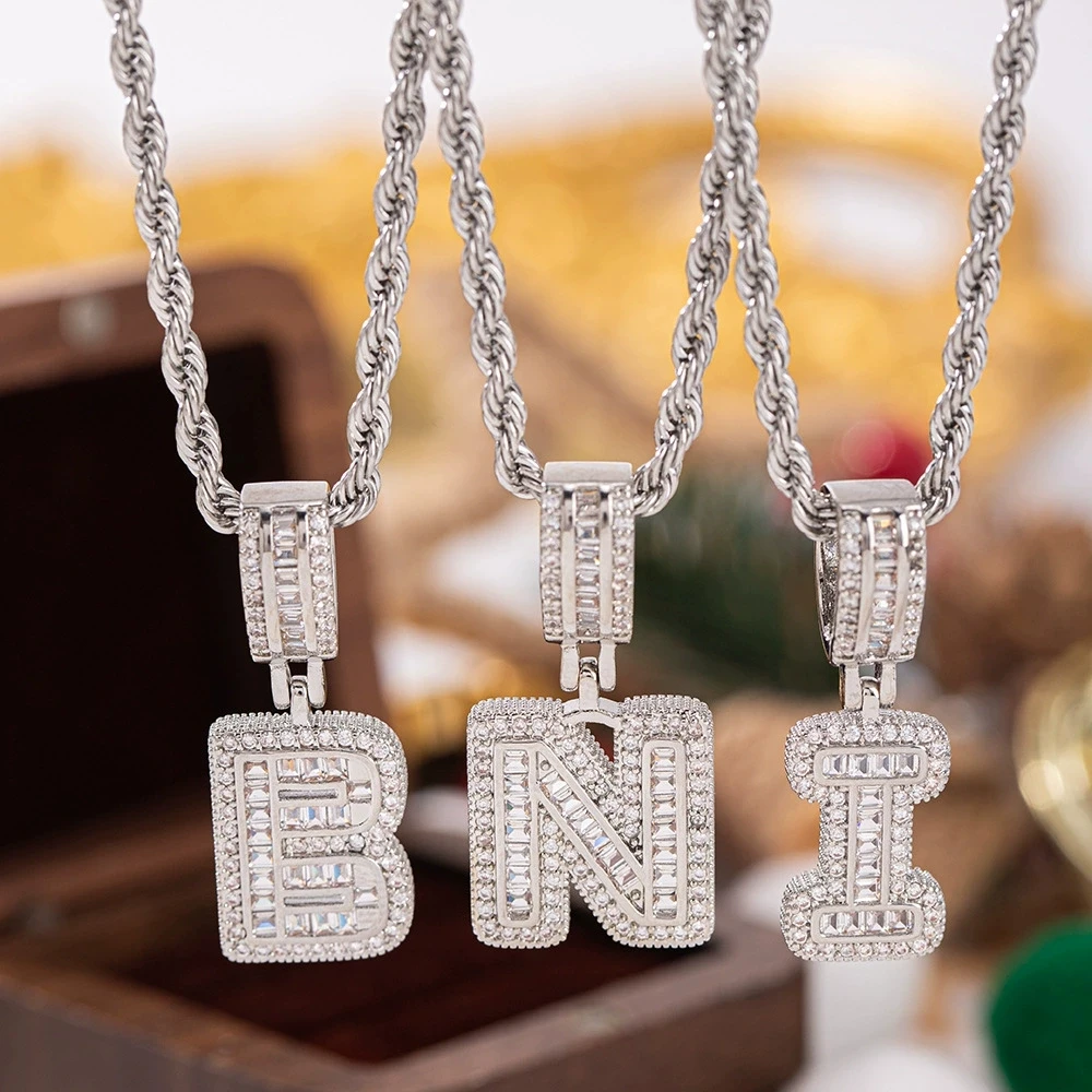 Hip Hop 26 Letters A-Z Pendant White Zircon Full Stone Necklaces For Women Silver Color Chain Wedding Jewelry Mother’s Day Gifts