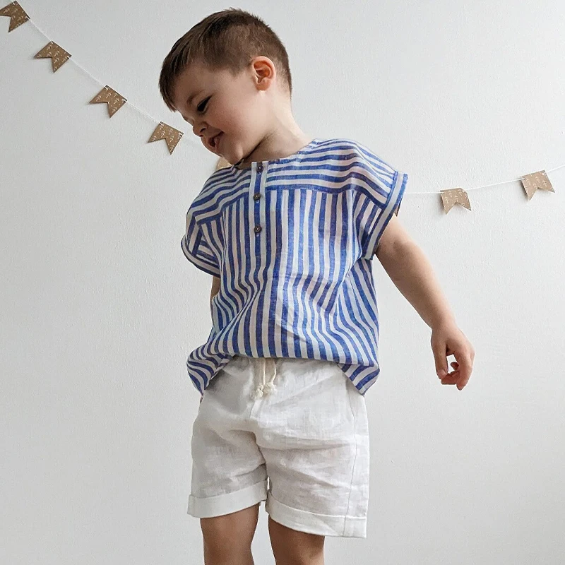 Boys Cotton And Linen Striped Casual T-Shirt 2024 Summer New Children's Round Neck Buttons Short-Sleeved Linen Tops TZ417 2