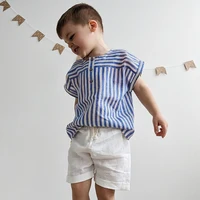Boys Cotton And Linen Striped Casual T-Shirt 2024 Summer New Children's Round Neck Buttons Short-Sleeved Linen Tops TZ417 2