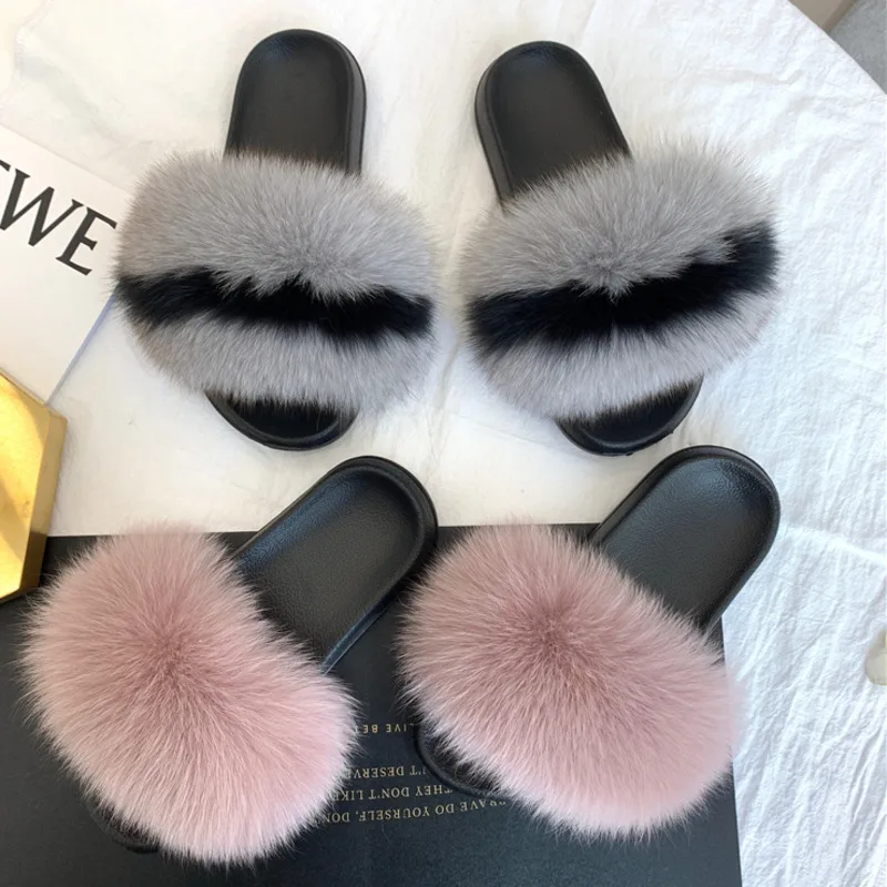Real Fur Slides Summer Fox Fur Slippers Women Indoor House Ladies Fur Sandals Furry Flip Flops Plush Shoes Woman EVA Slippers — view 2