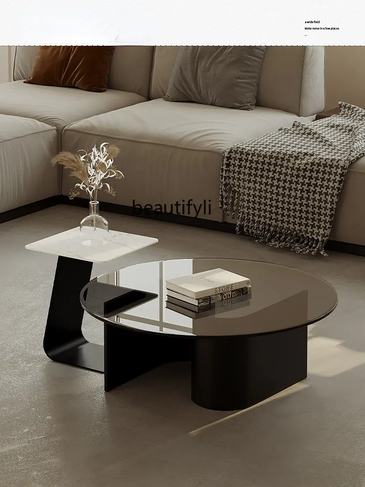 

Tempered Glass Tea Table Combination Small Apartment Creative round Stone Plate Tea Table