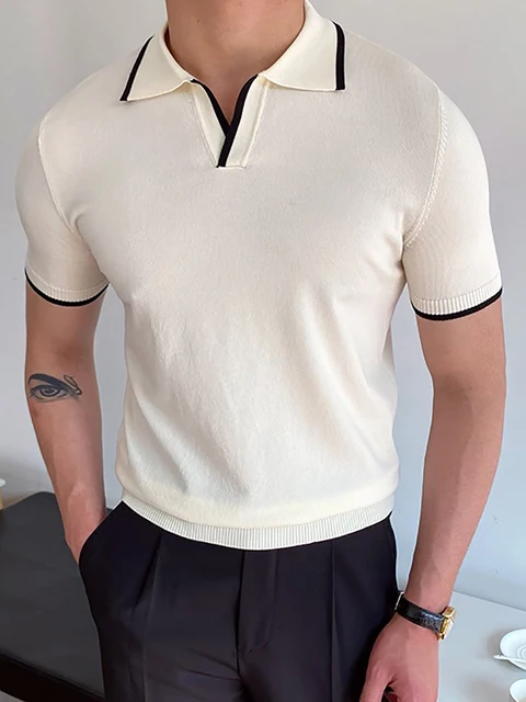 Рубашка-поло мужская с отложным воротником, модная повседневная одежда в стиле пэчворк, топ с коротким рукавом, уличная одежда, лето 1
