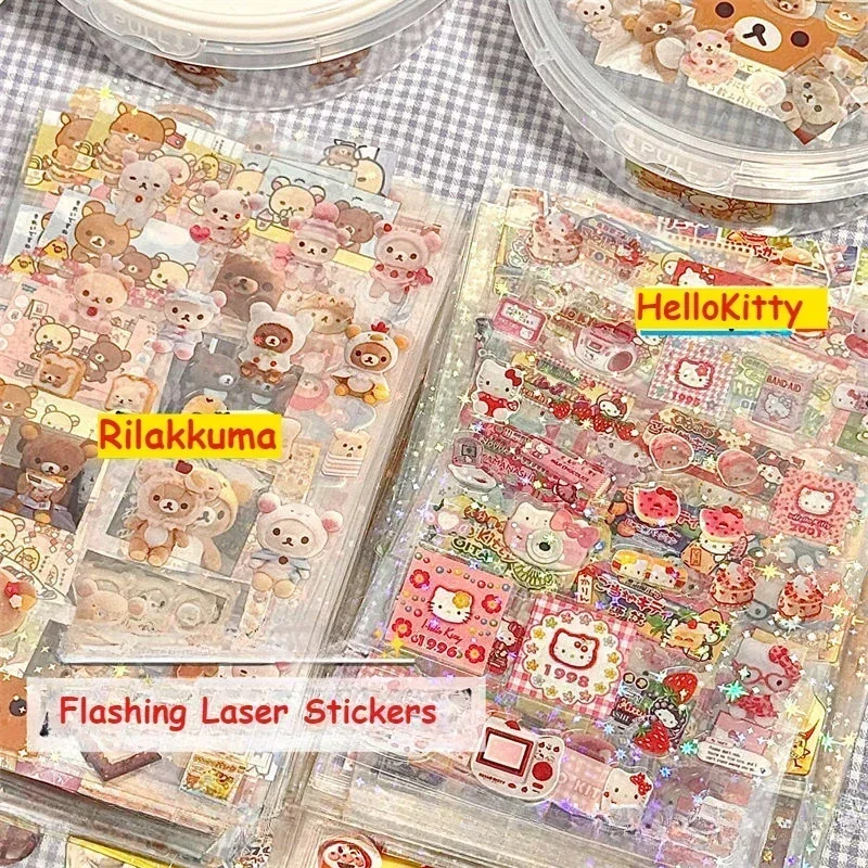 5 Blatt Cartoon Hello Kitty Rilakkuma Niedliche Aufkleber Gestanzte Sticker Anime Handbücher Material Glänzende Laser-Aufkleber Kinderspielzeug