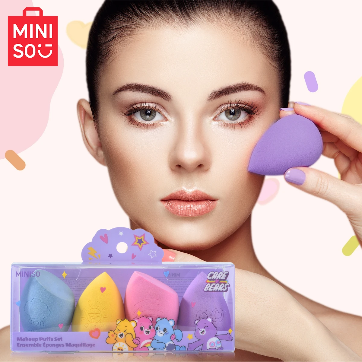 미니소 러브 베어 시리즈 메이크업 파우더 퍼프 세트, 습식 및 건식 겸용 메이크업 에그, 내구성과 사용이 간편함