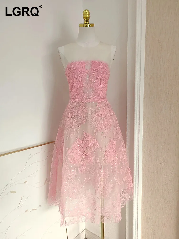 

LGRQ Women Mesh Sequin Dresses Fashion Design Round Neck High Waist Sleeveless Elegant Dresses Female 2024 New Clothing 36A1827