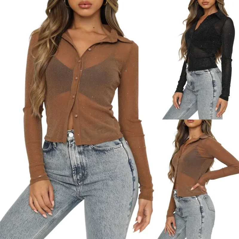 

2024 Women's Summer Slim Fit Solid Color Mesh Perspective Comfortable Long Sleeved Cardigan Sexy Casual Shirt Womens Tops MYQH12