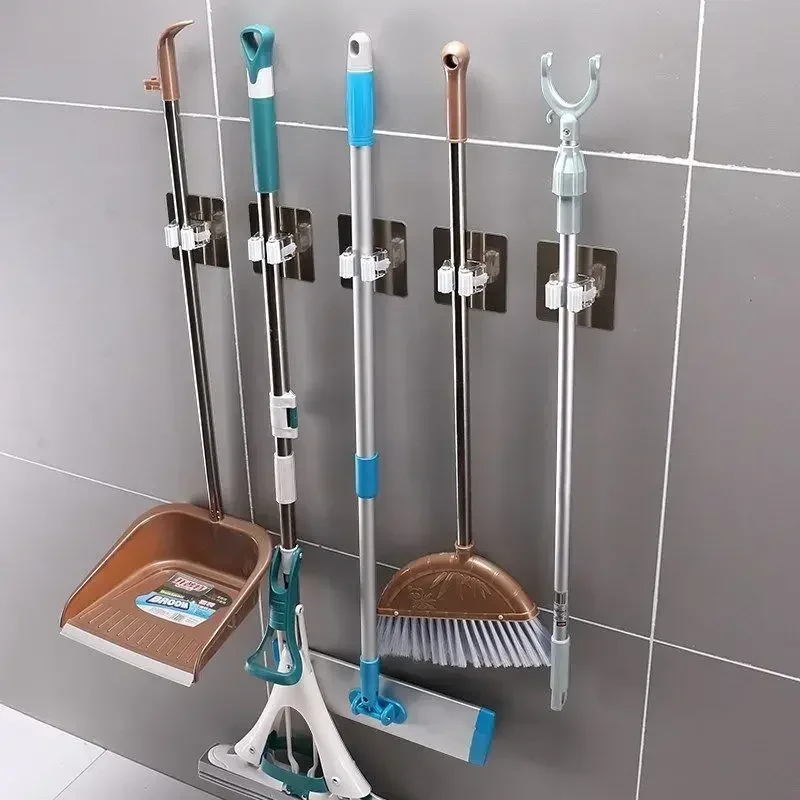 2/1pcs Punch-free Mop Holder Bathroom Shelf Wall-Mounted Mop Broom Hanger Self Adhesive Hooks Bathroom Storage Home Accessories 2