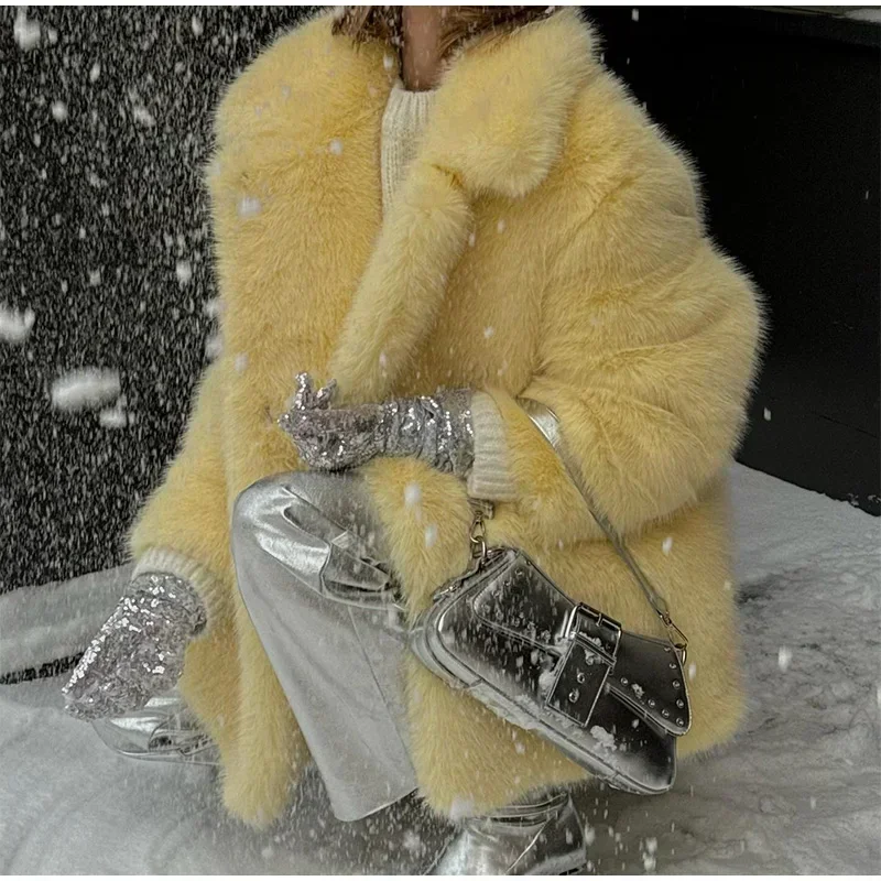 Fashion Faux Fur Jacket Coat Women Warm Fluffy Loose Long Sleeve Lapel Female Overcoat Winter Yellow Lady Street Outwear