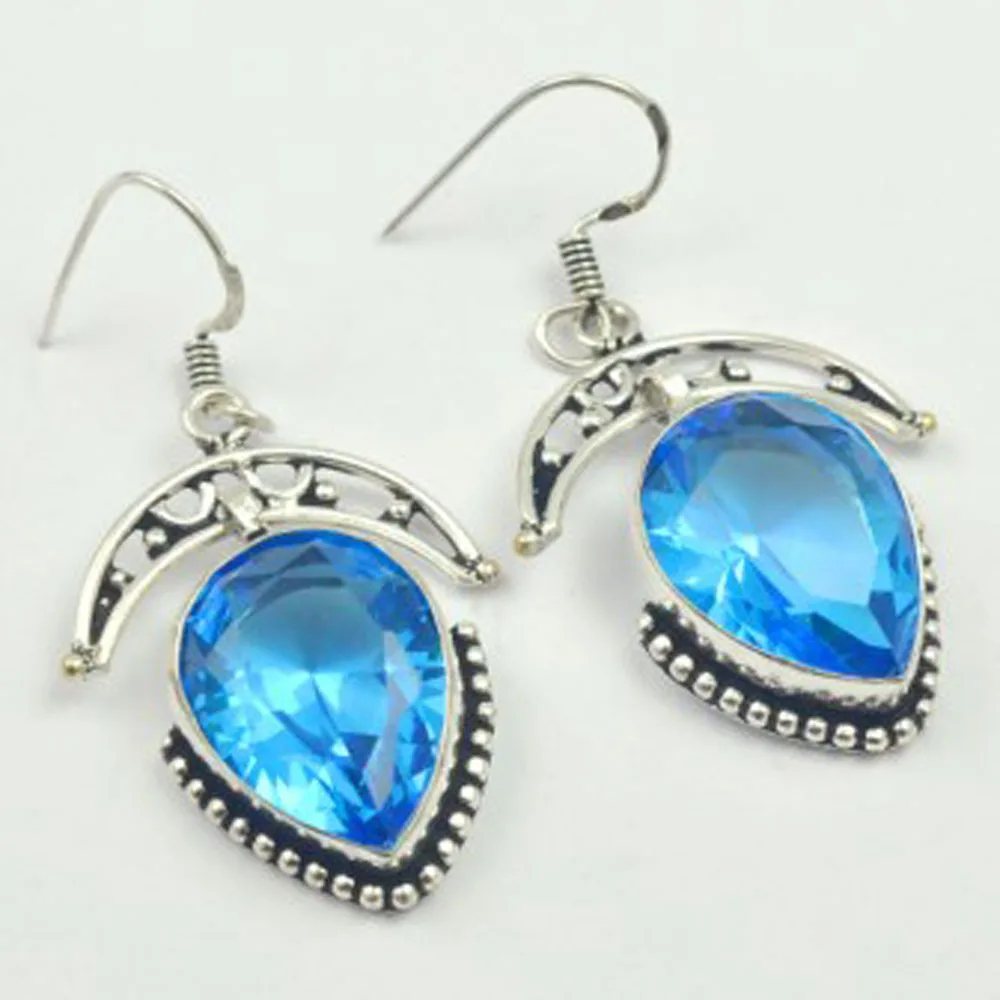 Blue Topas Earrings  Silvers  Overlay Over Copper,  Usa Size  50Mm , E3005