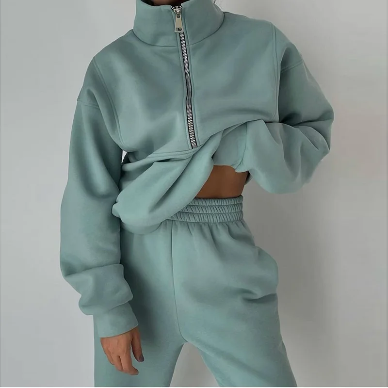 Autumn New Solid Color Loose Casual Sweatshirt Elastic Waist Sweatpants Set Women Fashion Zipper Pullover Top Korean Pants Suit