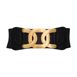 Golden Hook Buckle Elegant Women's Retro Elastic Wide Belt (Black)