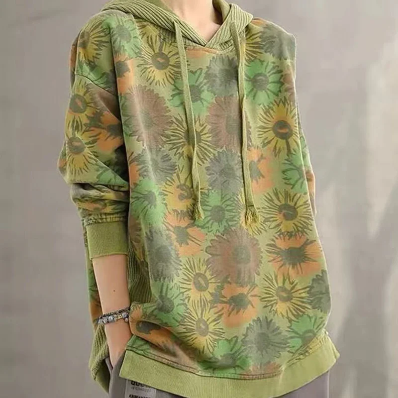 2023 Autumn Winter New Hooded Vintage Floral Printing Sweater Women Korean Style Cotton Long Sleeve Loose Drawstring Pullovers